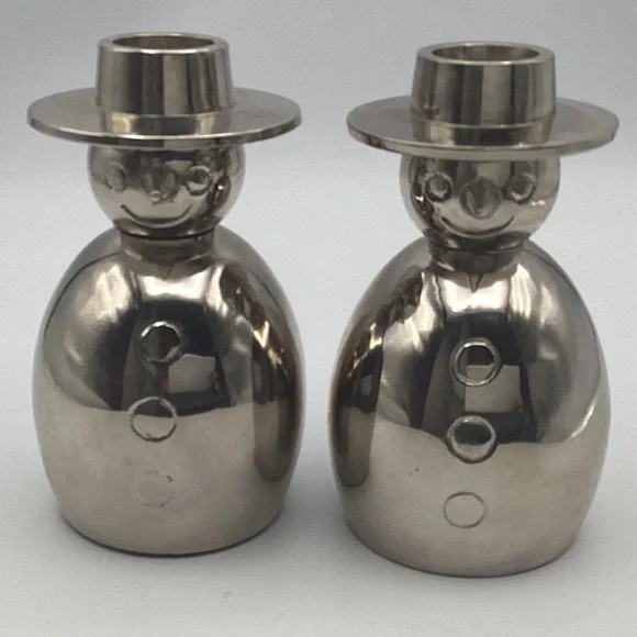 Crate&Barrel Silver Snow Men Candle Holders Heavy Metal