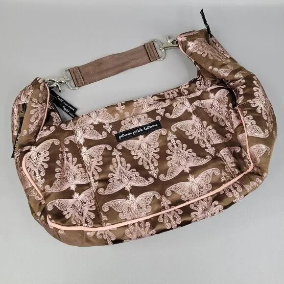 Petunia Pickle Bottom Touring Tote Diaper Bag Half Moon Pink Brown Satin Paisley