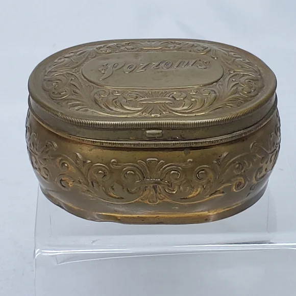 Antique Pozzoni's 1912 Brass Powder Puff Tin Box Embossed Lidded Trinket Dresser