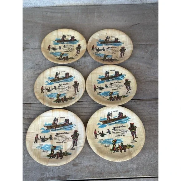 Set Of 6 Bamboo WOODEN DRINK COASTERS‎ - JAMAICA Vintage Jamaican Decor