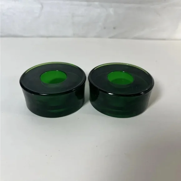 2 Crate & Barrel Round Emerald Green Glass Candle Holders