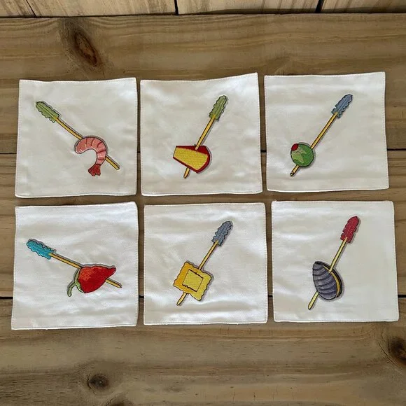6 Crate & Barrel Embroidered Cloth Appetizer Coasters Set