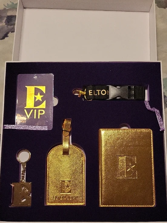 Elton John VIP Gold Travel Accessory Set - Luggage Tag, Keyring & Passport Cover