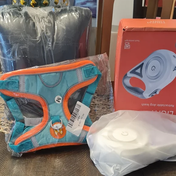 Vibrant Orange and Blue Dog Harness. Smart Leash & Dog Bed.