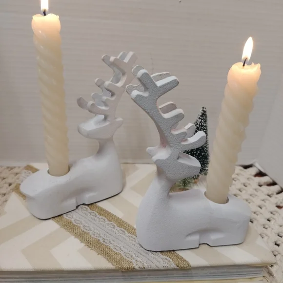 Crate & Barrel Reindeer Taper Candle Holders Set Of 2 Handcast Aluminum & Iron