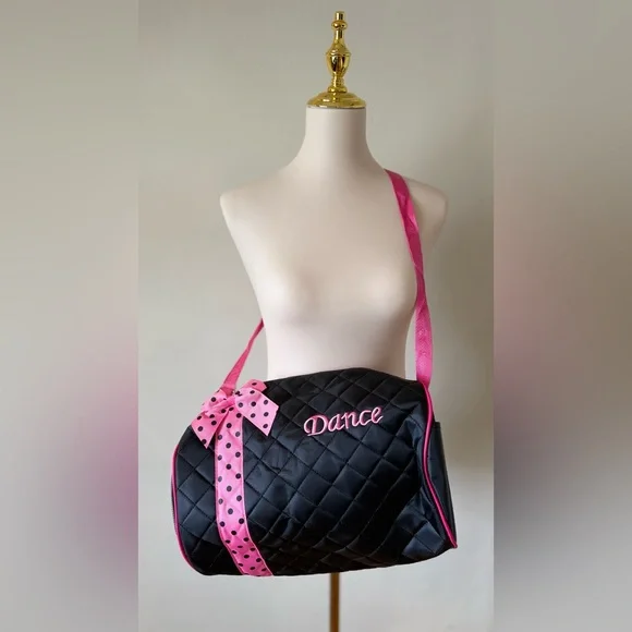 Black Quilted Dance Bag with Pink Ribbon