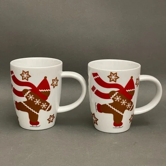 Crate & Barrel Coffee Mugs Cups Gingerbread Skating Lot of 2