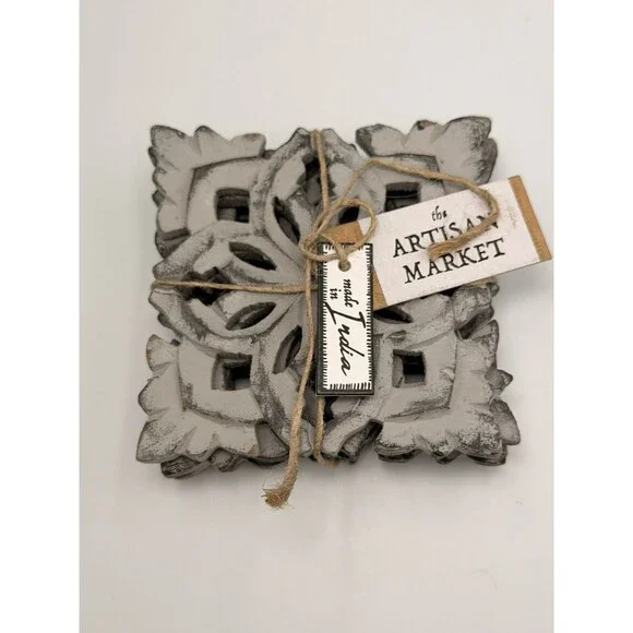 Artisan Market Hand Carved Wood Coasters Gray Distressed Set of 4 Farmhouse 4x4
