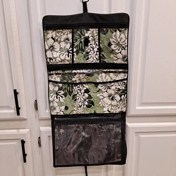 Celebrity Floral Trifold Heavy Duty Hanging Makeup Organizer with Black Trim