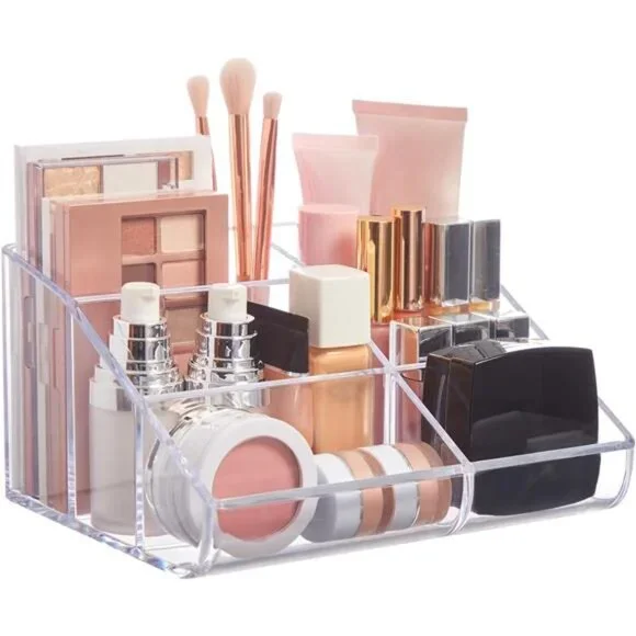 Clear Plastic Vanity Makeup Organizer | 6-Compartment Holder for Brushes