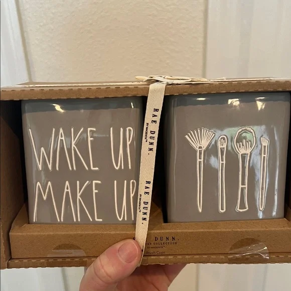 Rae Dunn Gray Wake Up Make Up brush holder Set