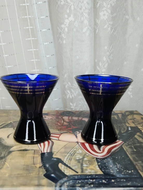 2 Morgantown glass cocktail glasses cobalt blue W/ platinum art deco trim