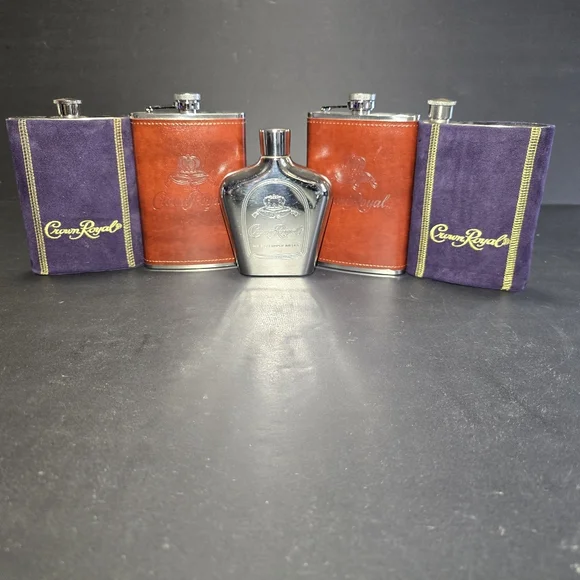 Crown Royal Stainless Steel Hip Flask Set Of 5 Purple Suede Leather Barware