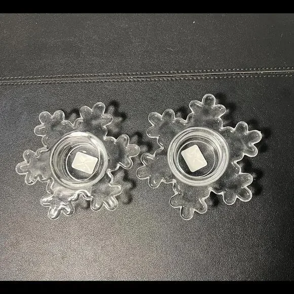 Crate & Barrel 2 Snowflake Winter Glass Votive Tea Light Holders