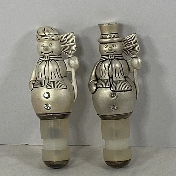 Set of 2 Heavy Metal Snowman Wine Bottle Stoppers Rhinestone Buttons