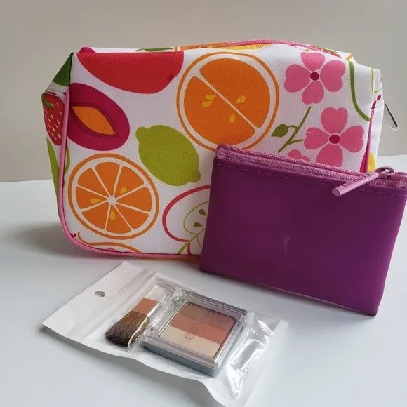 Clinique Fun Fruit Cosmetics Bag with Mini Case BONUS Peony Powder Blush & Brush