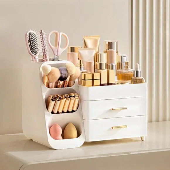 Makeup Organizer with Brush Holder, Large All-White Vanity & Skincare Storage