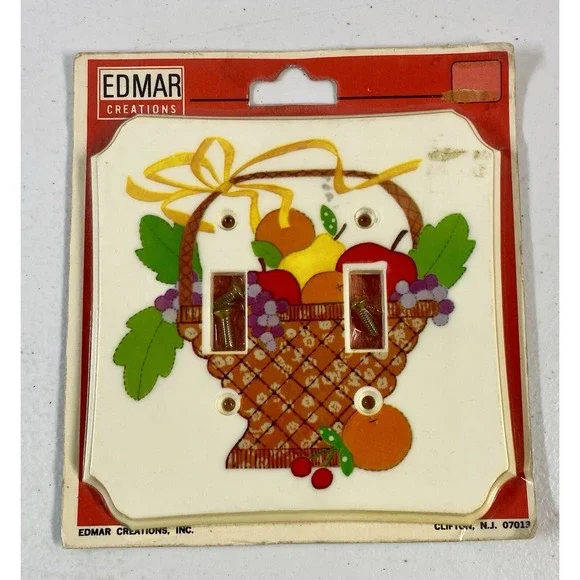 BRAND NEW Vintage Edmar Creations Double Light switch Cover Basket Of Fruit 1982