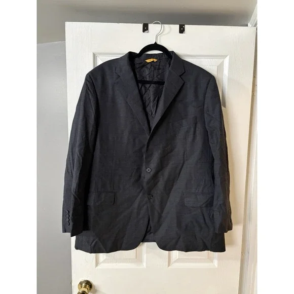 Hickey Freeman Sport Coat Men's Size 48R Wool Plaid‎ Windowpane Two Button Gray