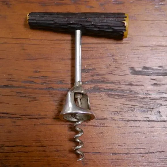 Vintage 1960s Rustic Primitive Faux Antler Handle Stainless Steel Wine Corkscrew