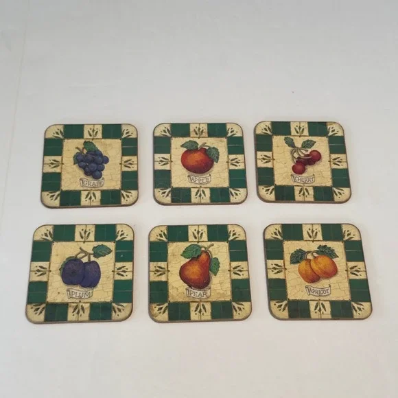 Pimpernel Fruit Coasters Set of 6 Vintage Made in England Cork Backed Botanical