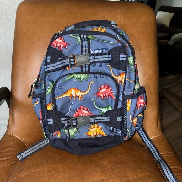 Pottery Barn Kids Blue Red Dinosaur Print Multi-Pocket School Travel Backpack