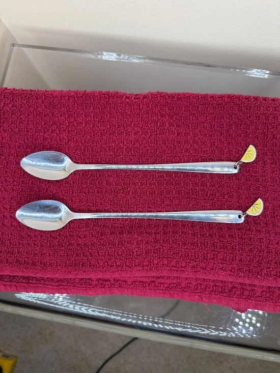 Crate&Barrel Silver Long-Handled Serving Spoons with Yellow Lemon Charms