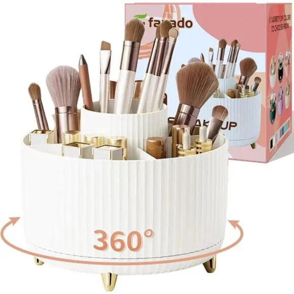 New 360° Rotating Makeup Brush Holder, White Organizer for Vanity & Bathroom
