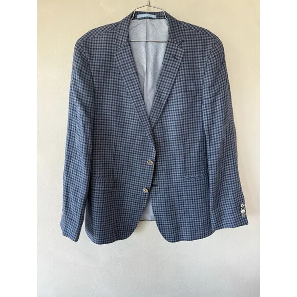 Sand Copenhagen Men’s 54 100% Linen Sport Jacket Coat Blue Plaid Angelico Button