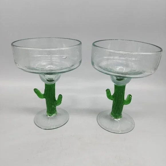 Hand Blown Vintage Margarita Glasses- Saguaro Cactus (2)