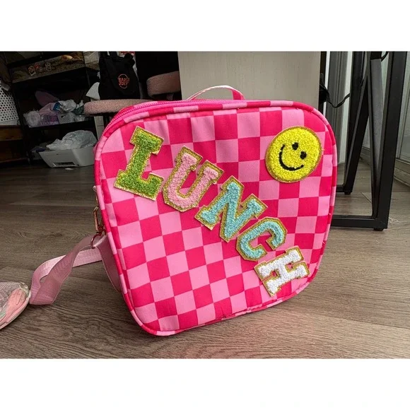 Pink Checkered Insulated Lunch Bag Chenille Patch Adjustable Strap