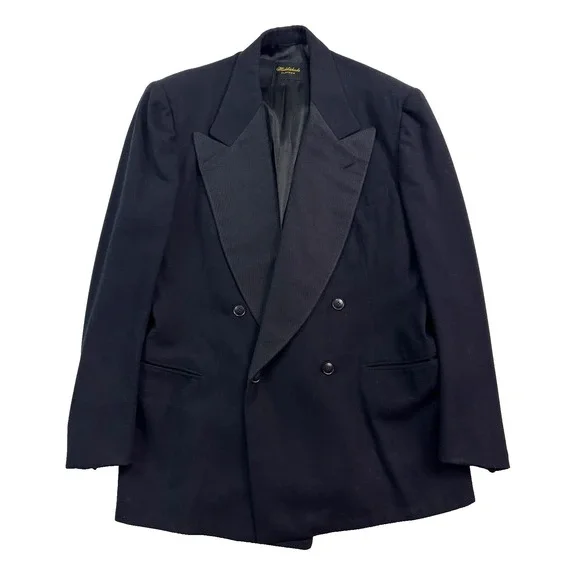 vtg 40s Double Breasted Tuxedo Jacket‎ 40L Flannel Wool Heavy Black Peak Formal