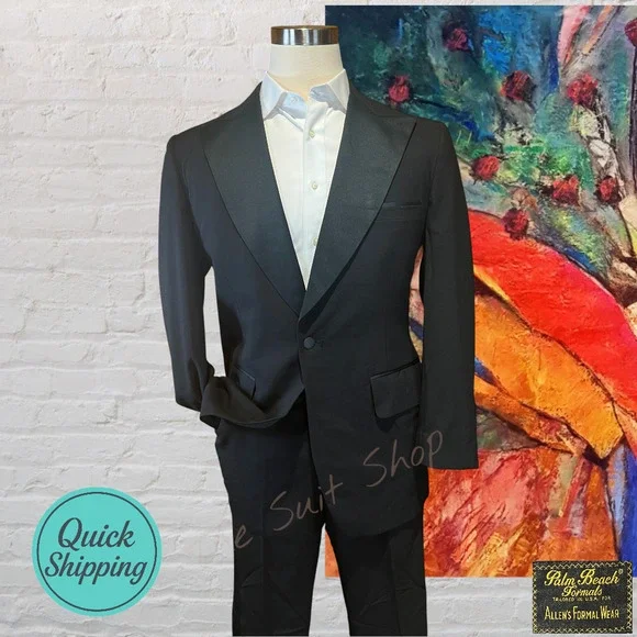 Vintage Palm Beach Mens 43L 38x31 Black Tuxedo Single Button Tux