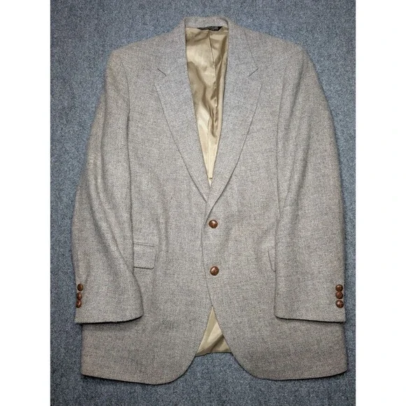 Vintage Roger Stuart 100% Wool Blazer Herringbone Gray Men's Size 46L
