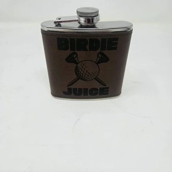 Birdie‎ Juice Golf Hip Flask 6oz Stainless Steel Brown Faux Leather Wrap