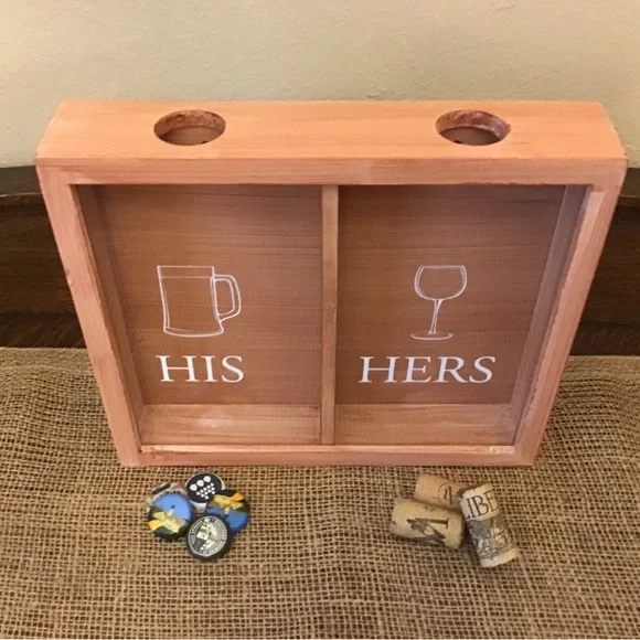 NWT His Hers Bottle Cap and Wine Cork Wooden Shadow Box
