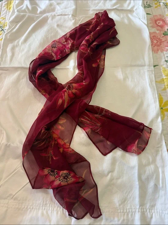 Women's Floral Sheer silk Scarf - Burgundy