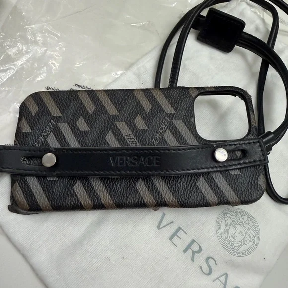 Versace Black Gray Patterned iPhone 12 hard cover with hand strap