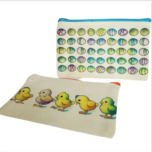Two new handmade sublimation canvas cosmetic, pencil Easter bags by Shea Cheri.