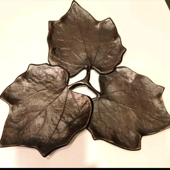 Crate & Barrel Maple Leaf Design Copper Colored Metal Candle/Plate Pre-owned