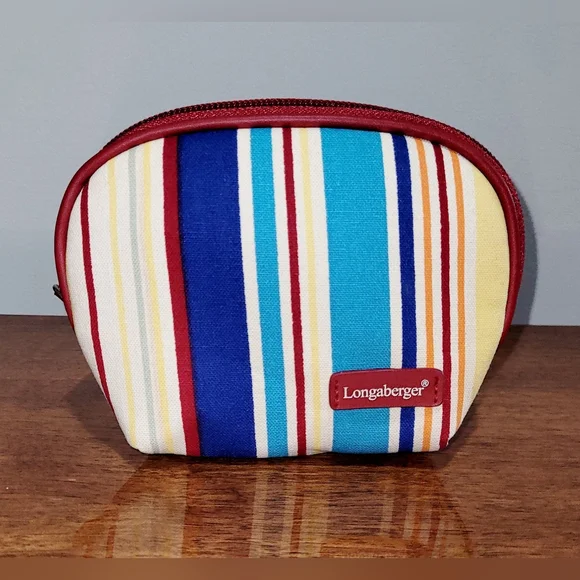 NWOT Longaberger Homestead Cosmetic Bag Vibrant Striped Pattern Attached Mirror