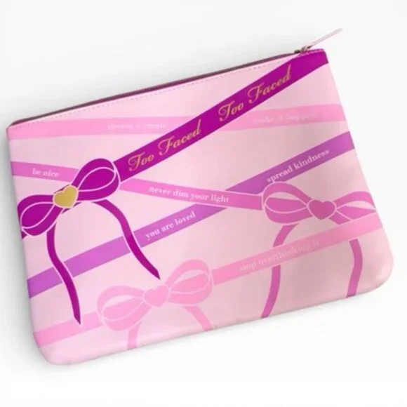 Too Faced Pink Cosmetic Makeup Bag Zip Pouch Bow Design Affirmations