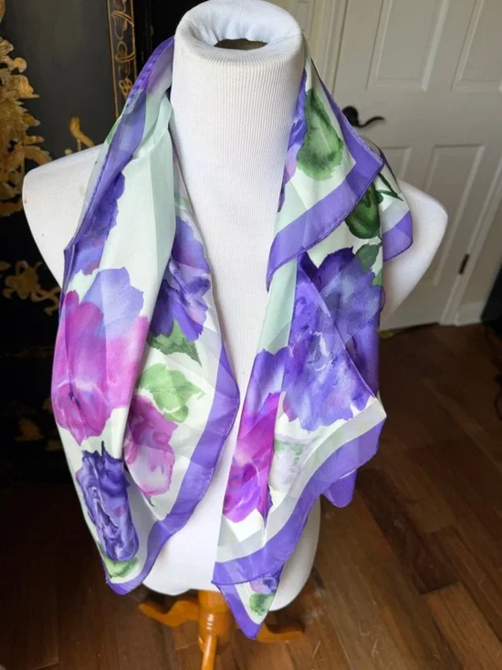 Vintage Floral Silk Scarf in Purple, Pink & Green