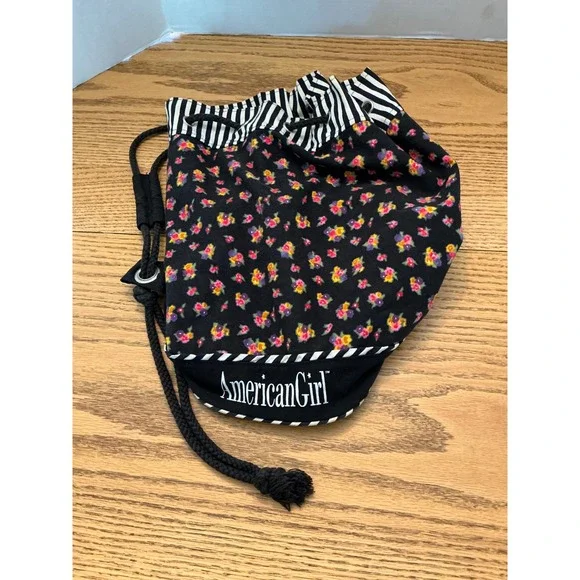 American Girl Floral Drawstring Backpack Bag Black Pink Yellow Striped Trim