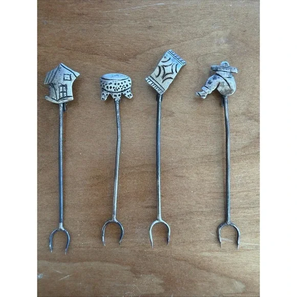 Vintage 925 Sterling Silver Figural Cocktail Picks –‎ Man, Drum, Blanket & House
