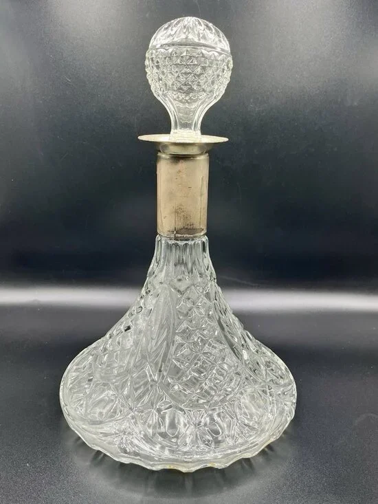 Vintage Pressed Glass Decanter Diamond Atomic Barware Bottle Hollywood MCM