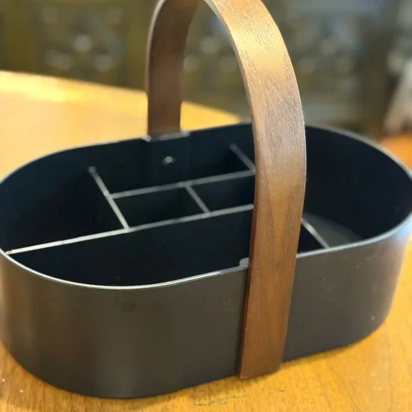 Black Metal Organizer with Wooden Handle