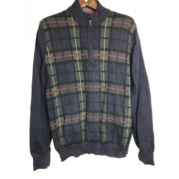 Izod Mens 1/4 Zip Pullover Sweater Size Large Blue Green Plaid Long Sleeve Golf