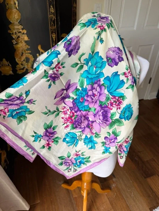 Vintage Floral Silk Scarf in Cream, Turquoise & Purple