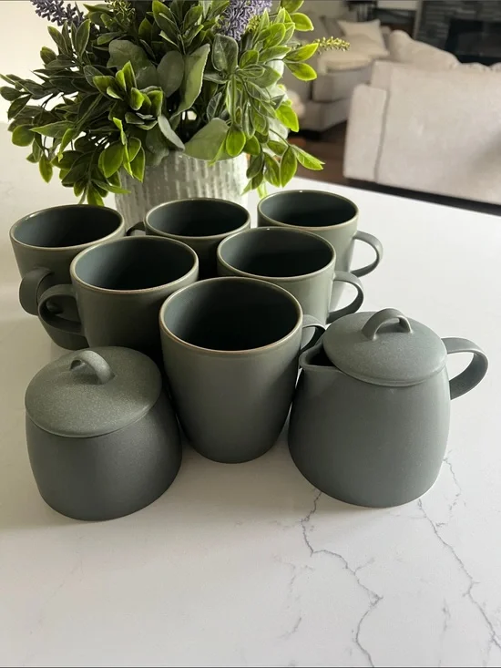 Crate&Barrel Matte Green Ceramic Tea Mugs with Sugar and Creamer